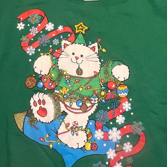 VTG 90’s MBC Tultex Women XL Ugly Christmas Cat Lights Crewneck Sweatshirt - Picture 1 of 8